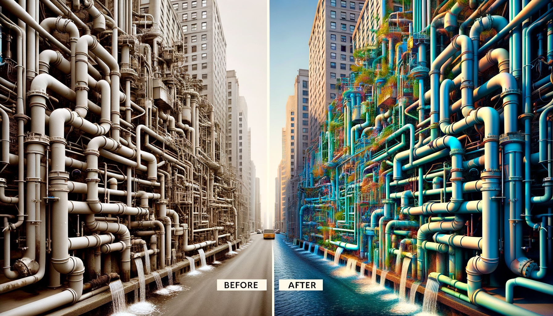 A before-and-after photo sequence of water infrastructure upgrades in Philadelphia, highlighting improvements in water quality, no text overlays.