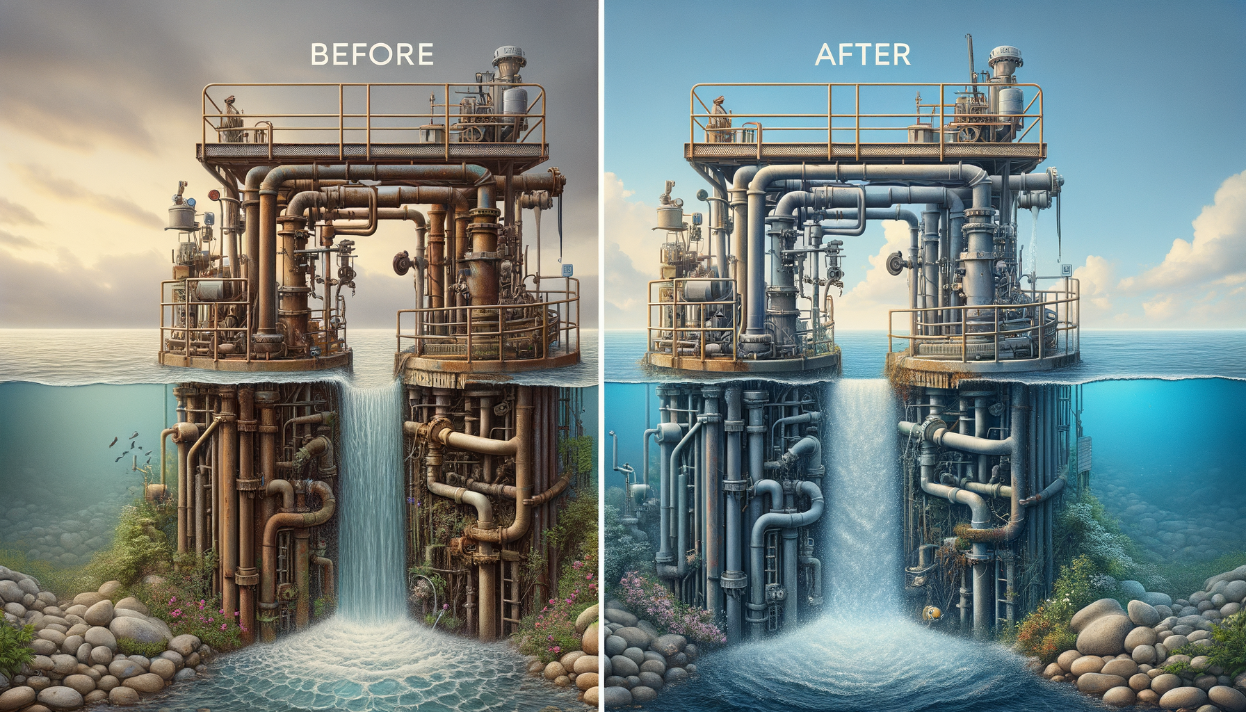 A before-and-after photo sequence of water infrastructure upgrades in Illinois, highlighting improvements in water quality, no text overlays.