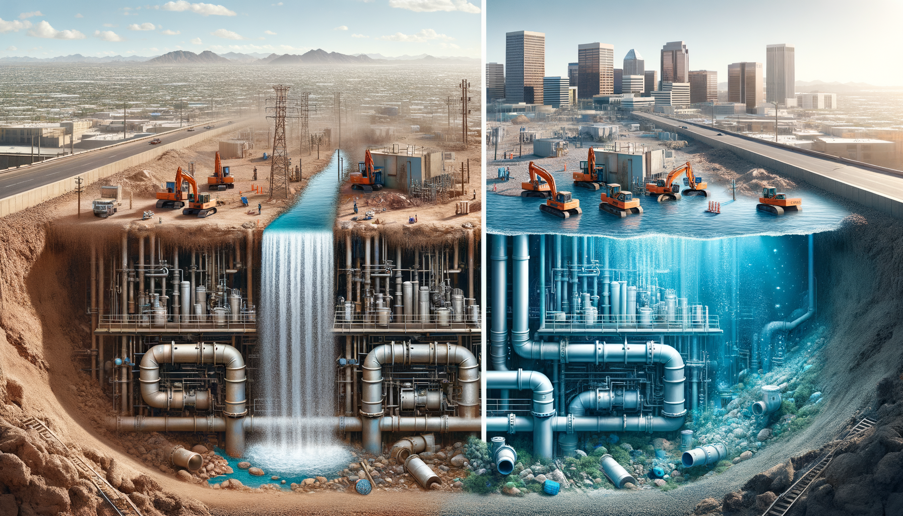 A before-and-after photo sequence of water infrastructure upgrades in Phoenix, highlighting improvements in water quality, no text overlays.